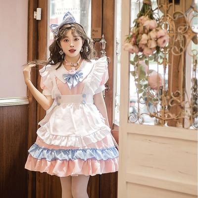 Plus-Size Maid Outfit with Super Cute Big Bow Lolita Dress, Pink and Blue Cute Dress for Women