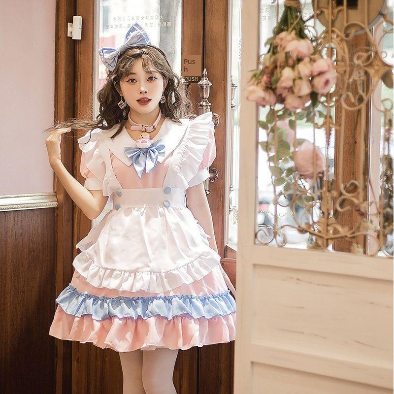 Plus-Size Maid Outfit with Super Cute Big Bow Lolita Dress, Pink and Blue Cute Dress for Women