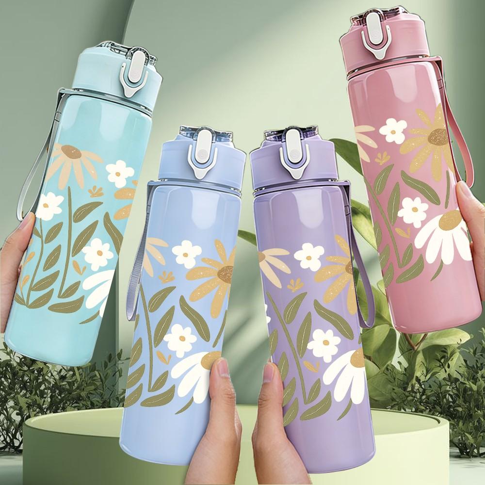 1PC Wild Daisy Bouquet Print 750ml Color Plastic Sports Water Bottle Leakproof Flip Straw Lid Suitable for Sports Office Home Use