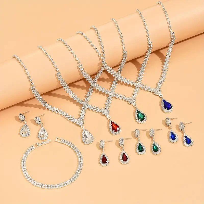 3pcs Set Red Water Dop Stone Necklace Earrings Bracelet Full Crystal Stone Necklace Blue Green Red Color Pendant Woment Zircon