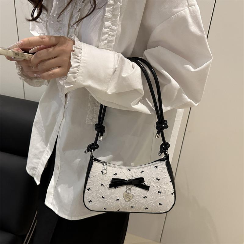 Süße Seersucker-Schleife Unterarmtasche Damen High-End Schwarz Rosa Kontrastfarbe Schulter Umhängetasche Pendler-Tasche