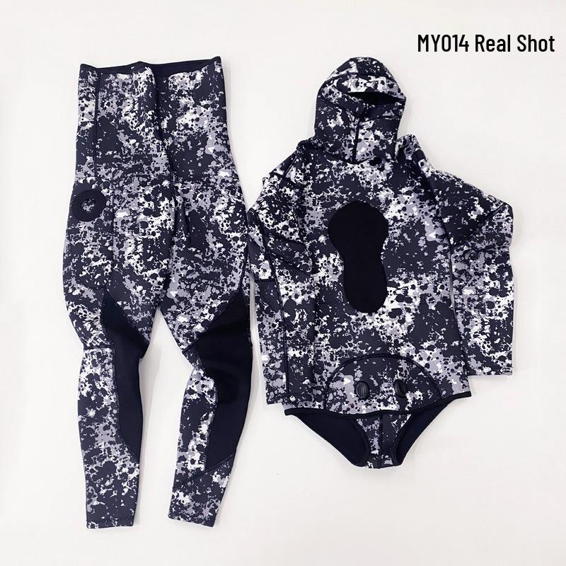 3mm Camouflage Two-Piece Wetsuit with Hood for Diving, Spearfishing, Freediving, and Snorkeling