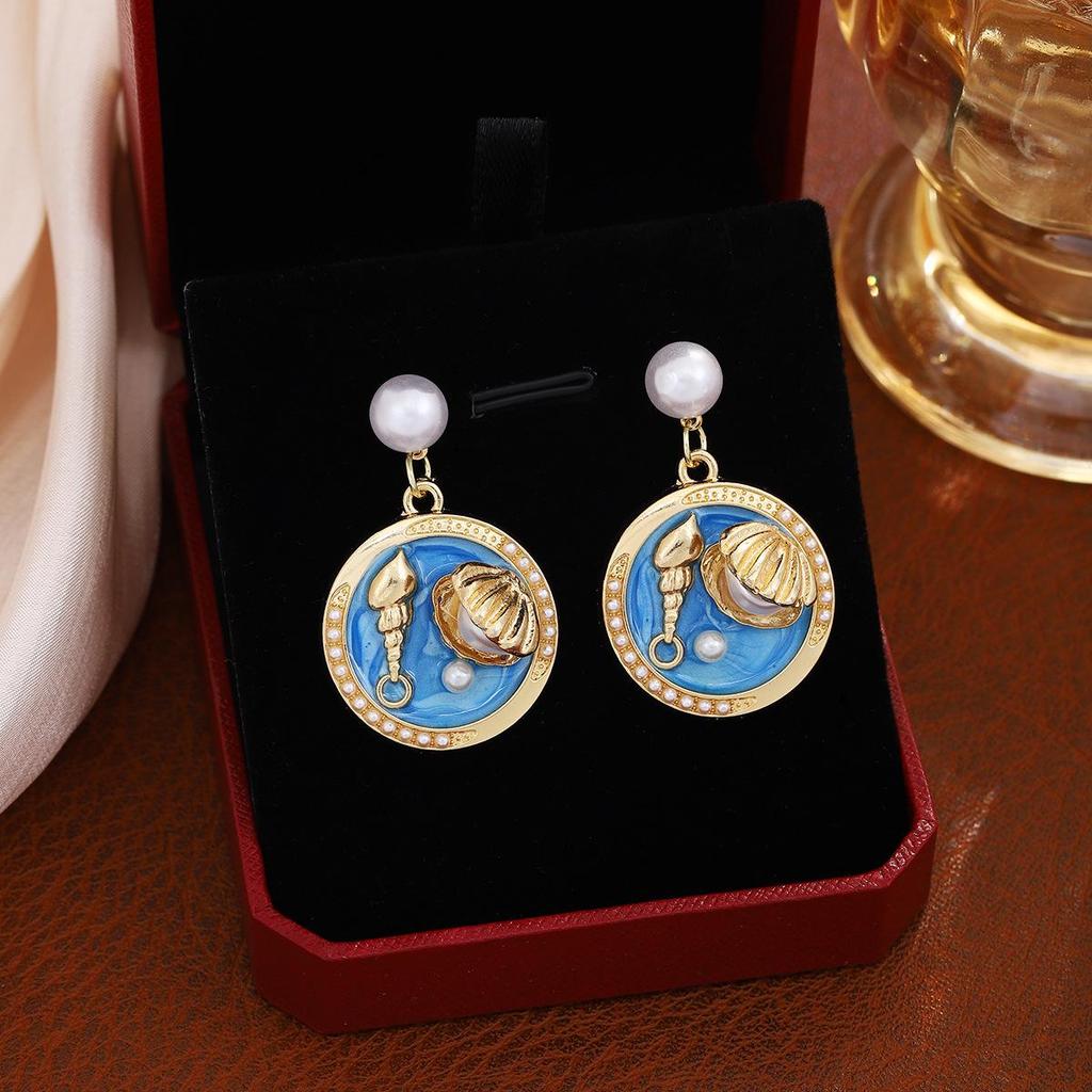 French Vintage Pearl & Conch Drop Earrings