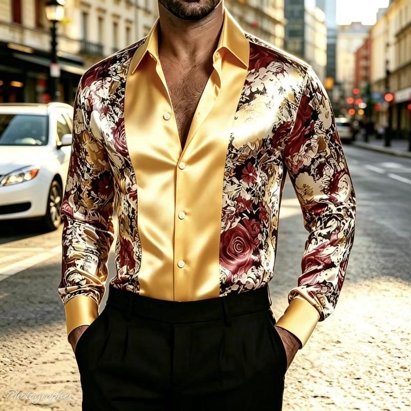 Satin Silk Long Sleeved Printed Men's Shirt Slim Fit Party Nightclub Casual Formal Shirt, 2026 New Model, Plus Size Top