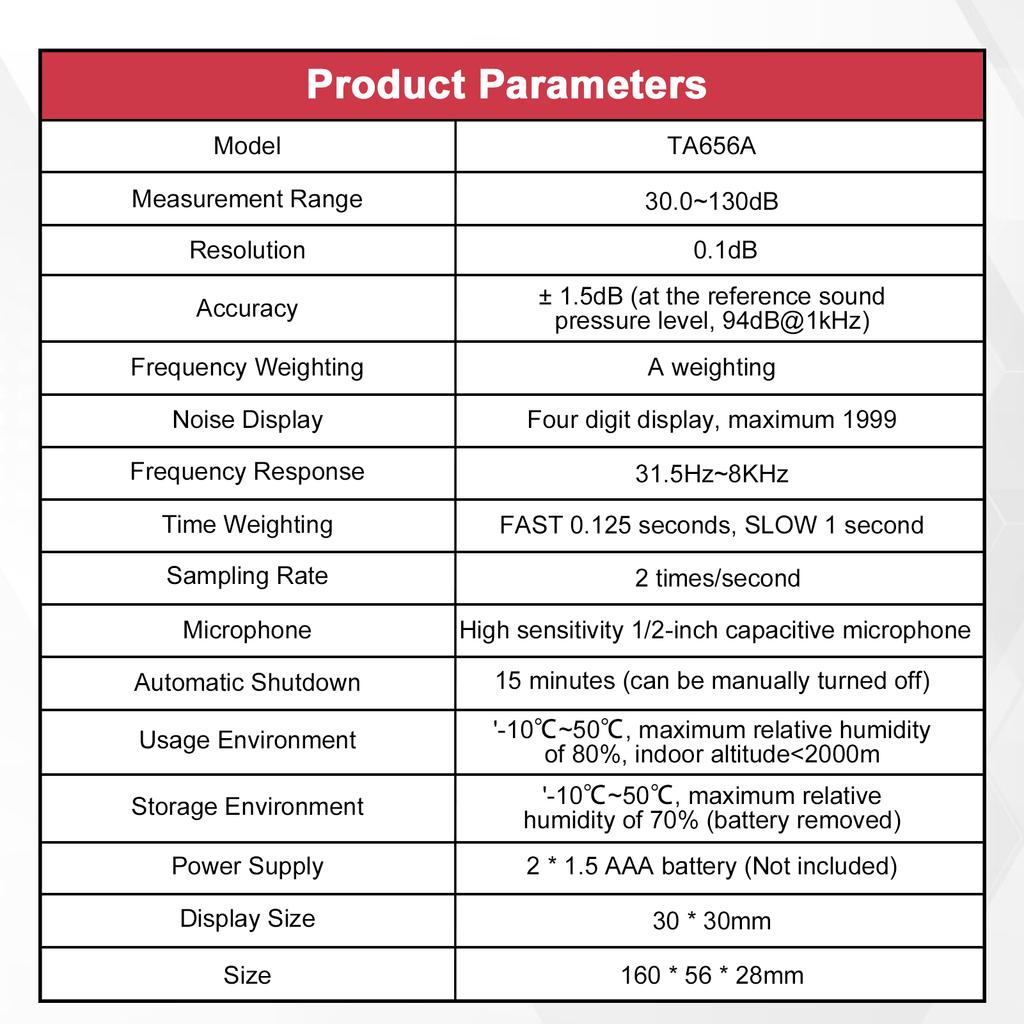 TASI TA656A 30~130dB Zvukoměr Decibelmetr Zvukový Detektor Zvukový Měřič hluku 0,1dB
