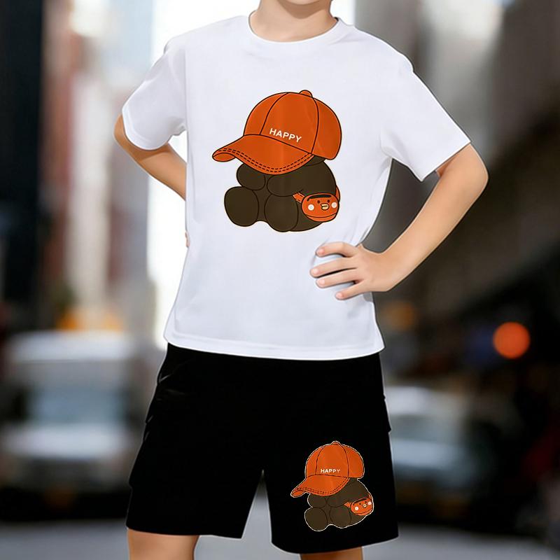 

Boys 2 Piece Cute cartoon bear printed outfit, Short Sleeve T-Shirt and Shorts Set for Kids Age 5-14,White, Black Sporty Casual Summer Clothes 13-14 Years