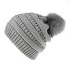 Gorro de punto trenzado de Color sólido con bola de zorro de piel sintética Otoño Invierno para mujer