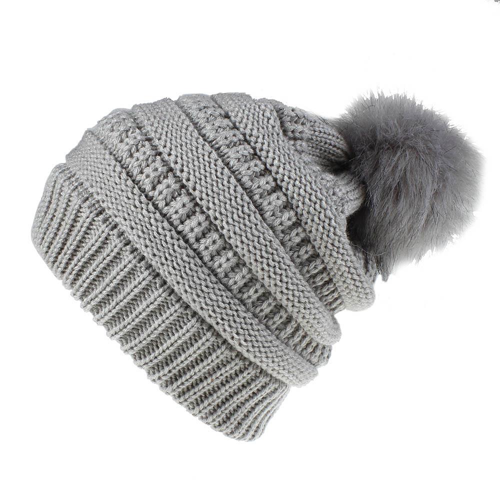 Gorro de punto trenzado de Color sólido con bola de zorro de piel sintética Otoño Invierno para mujer