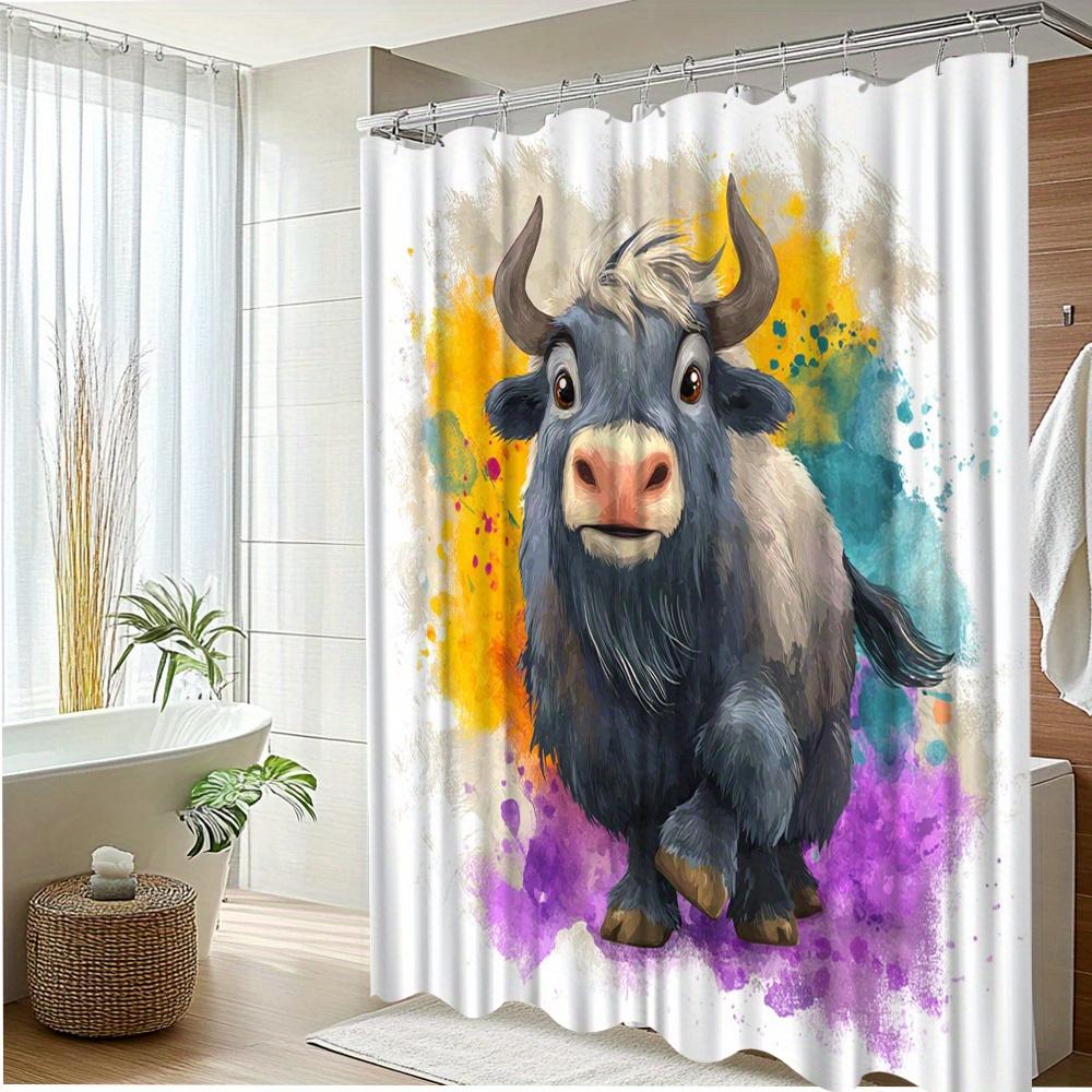 1Pc Cute Watercolor Bull Shower Curtain - Funny Bathroom Decor With 12 Hooks, Durable Polyester Fabric, 70.8X70.8 Inches,