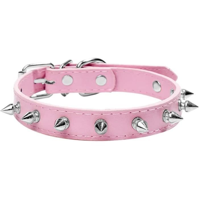 Collier pour chien - Style punk à pointes - Réglable - Cuir PU - Lot 2 pièces (rose)