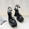 2025 Summer Square Head Open-toed Hate Sky High Platform Sandals Women's Cross-strap Waterproof Table Thick Heel High Heels