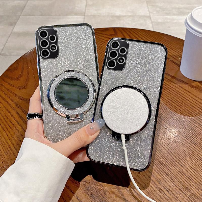 For Samsung Galaxy A70 A71 A72 A73 Mirror Glitter Plating Holder Silicone Case For Samsung Galaxy A73 Magnetic Stand Cover A70