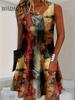 Women Summer Sleeveless Bohemian Dress Fashion Imitate Cowboy Vest Flowers Print Dress Casual Tank Beach Dresses For Women