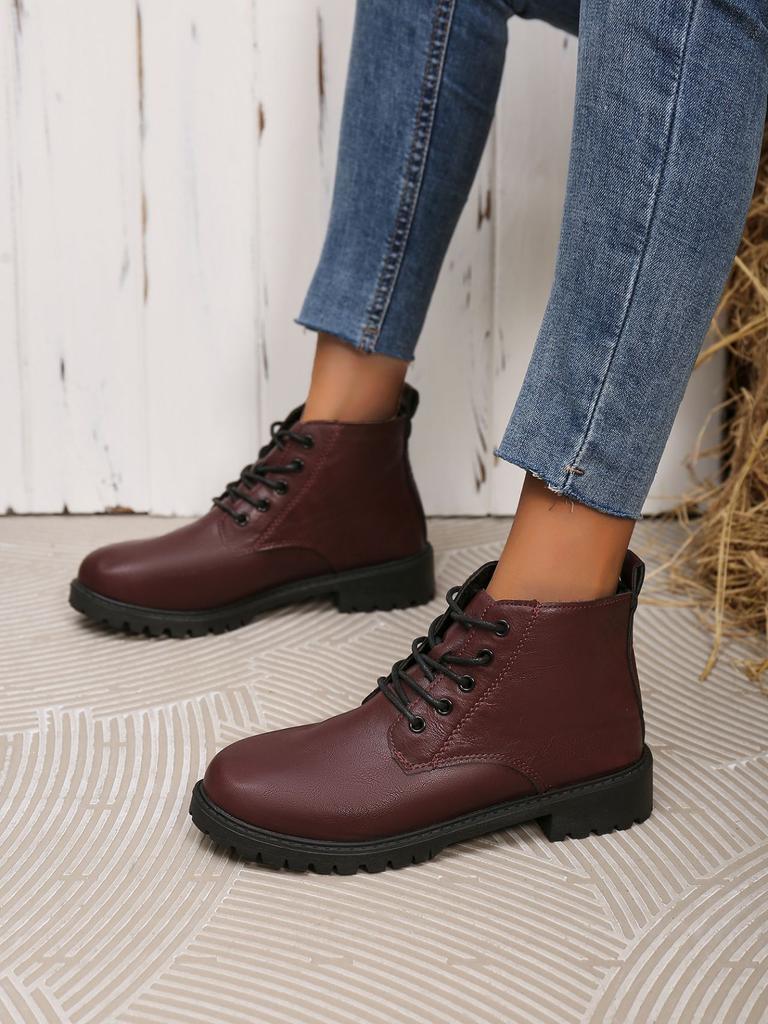 Short Women'S Boots Round Head Lace-Up Medium Heel Coarse Heel Martin Boots