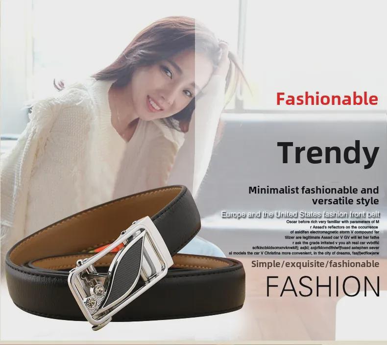 Women's Casual Double-Sided Lychee Pattern Leather Belt with Automatic Buckle