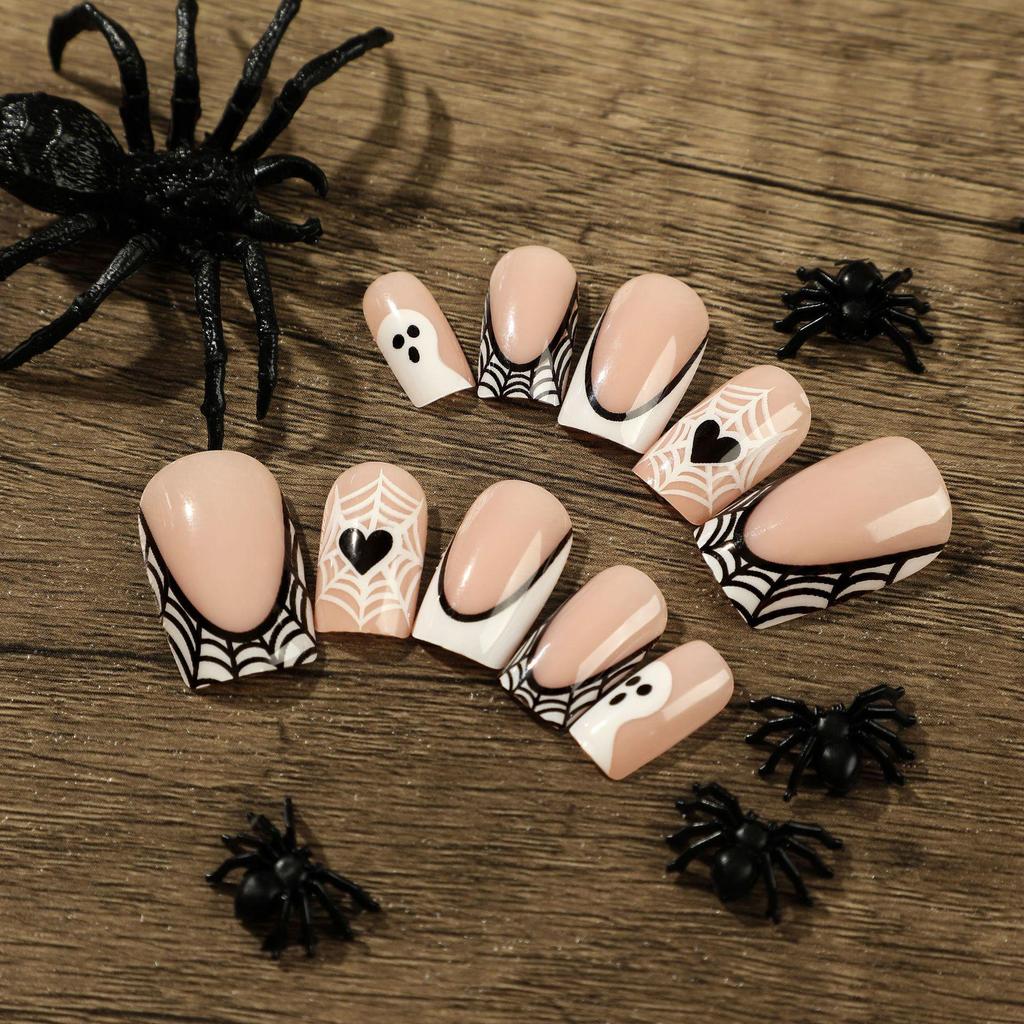 Halloween White French Black Border Ghost and Spider Web Press-on Nails