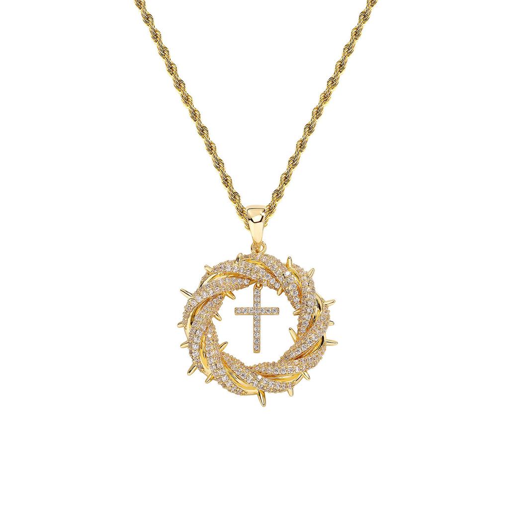 Creative Flower Twist Cross Micro-inlaid Copper Zircon Necklace Trend European and American Personality Hip Hop Pendant
