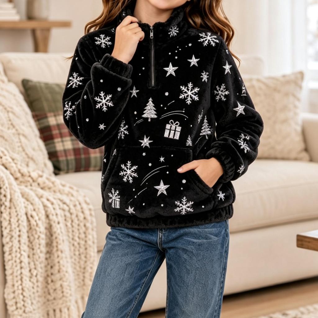 Boys Girls Christmas Sweatshirt, Pattern Long Sleeve Stand Collar Pullover for Fall Winter, Casual Comfortable Top
