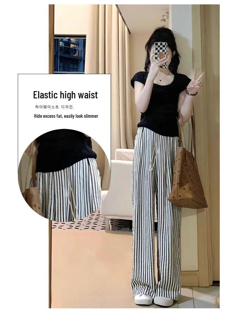 Women's Slimming High Waist Striped Pants: Black/White, Loose Straight-Leg, Petite 145, Wide-Leg, Summer 2025 Collection