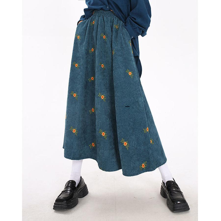 Vintage Brown Velvet A-Line Midi Dress Autumn Floral Embroidery Korean Style Over-Knee Long Dress