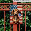 2D Flat Patriotic Dachshund Metal Sign, 4th of July Dog Holding American Flag, 8×12 Inch Aluminum Wall Art, Rustic USA Flag Background Design