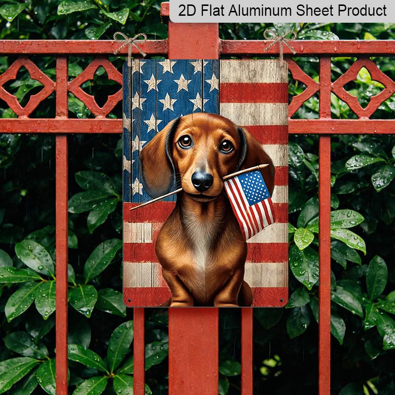 2D Flat Patriotic Dachshund Metal Sign, 4th of July Dog Holding American Flag, 8×12 Inch Aluminum Wall Art, Rustic USA Flag Background Design