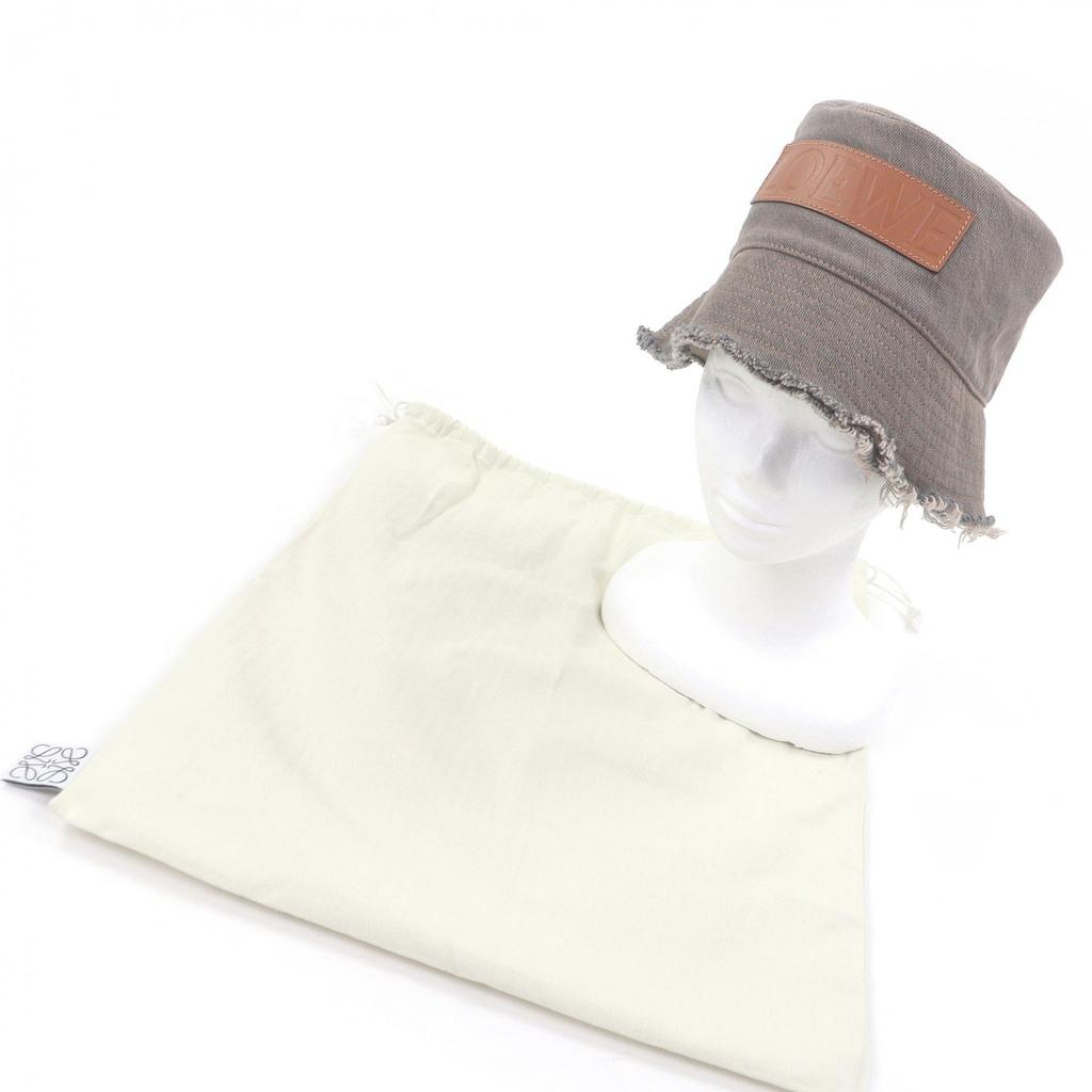 Great LOEWE hat Logo leather patch fringe denim bucket bag Brown cotton mens 57 Used