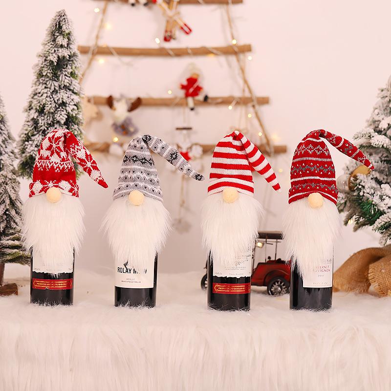 Bottle Charming Wine Cap Knitted Wine Bottle Cover With Faceless Santa Claus Grey And White Wine Design Cap