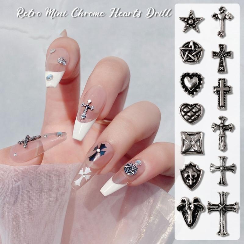 10Pcs-Cross Series 3D Nail Art Charms,Metal Punk-Chrome Hearts Nail Art Jewels Decals for Fingernail Toenail Decorations
