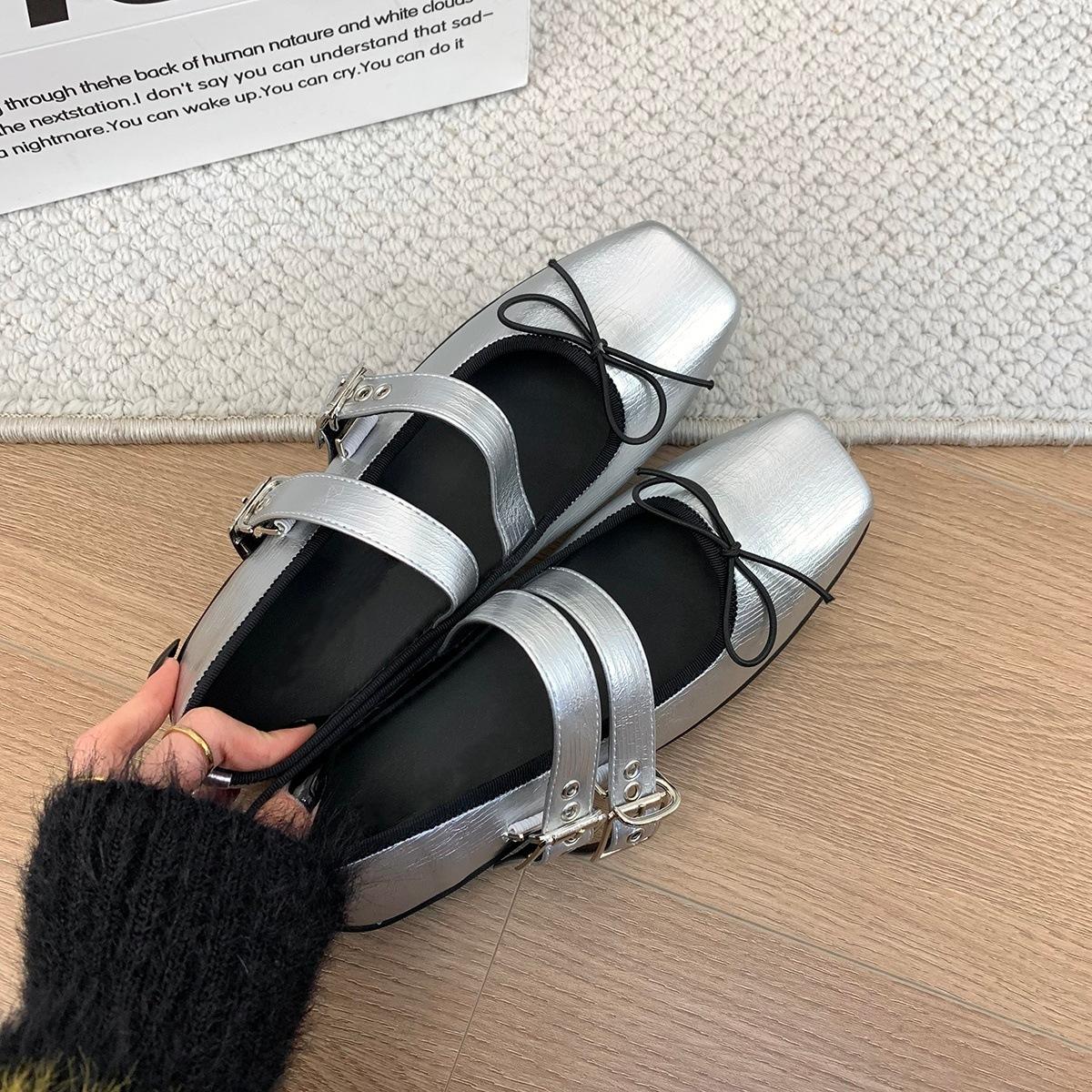

Fashion Spring and Autumn Fashion Design Bow Dress Flat Shoes Retro Mary Jane Women s Ballet Shoes 41 серебряный