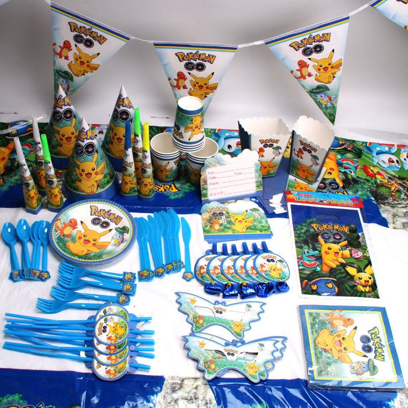 Pokmon Pikachu Complete Party Set With Paper Banners Plates Hats For Kids Birthday Decorations