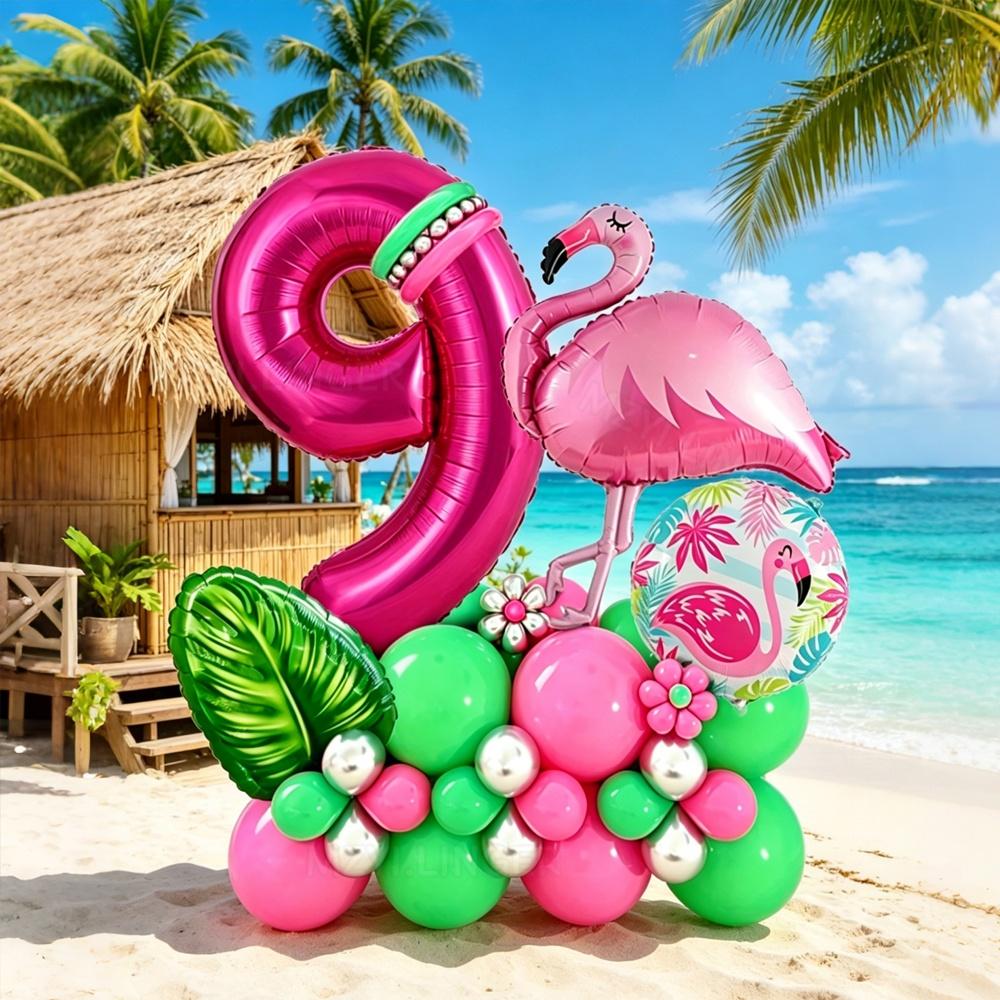 46pcs Flamingo Hawaii Theme Balloon Set Rose Red Digital Balloon 0-9 Leaf Balloon for Birthday Party Anniversary Decoration