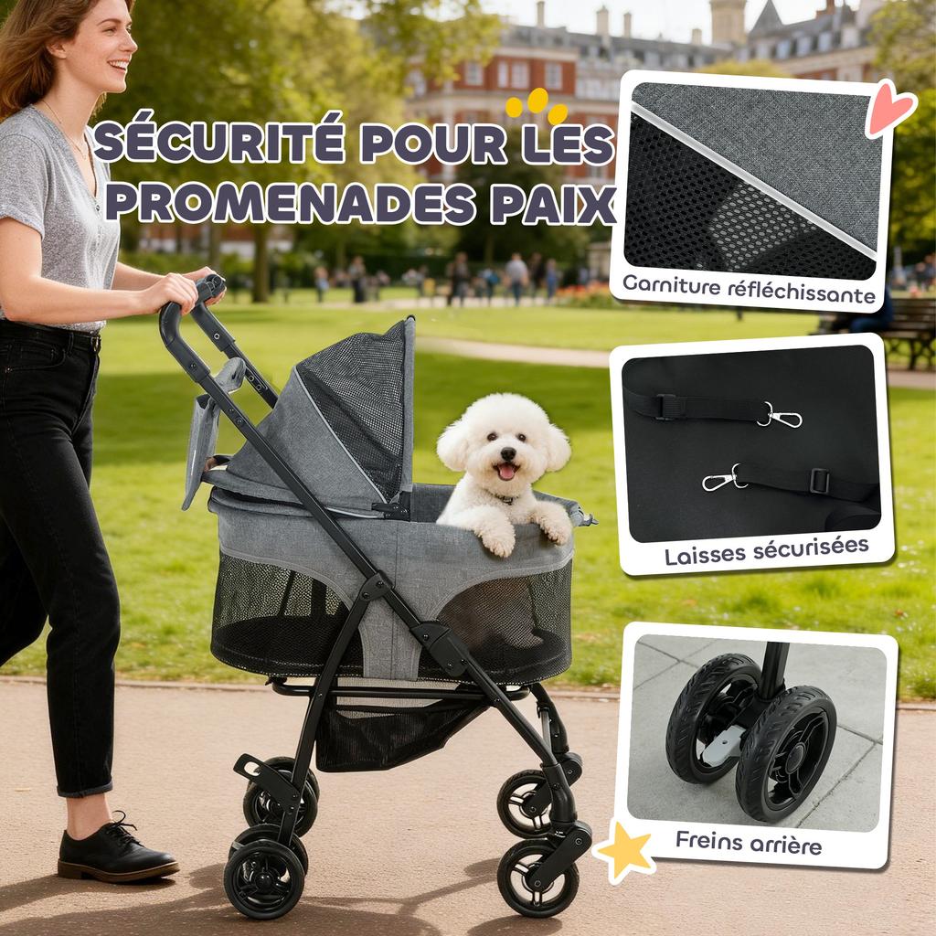 Dog Stroller, 3-in-1, Detachable, Foldable, Removable Bassinet, Suspension, Grey