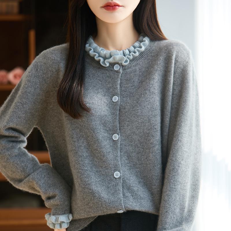Women's Pure Wool French Color Block Cardigan with Lace Collar - Autumn/Winter Knit Sweater.