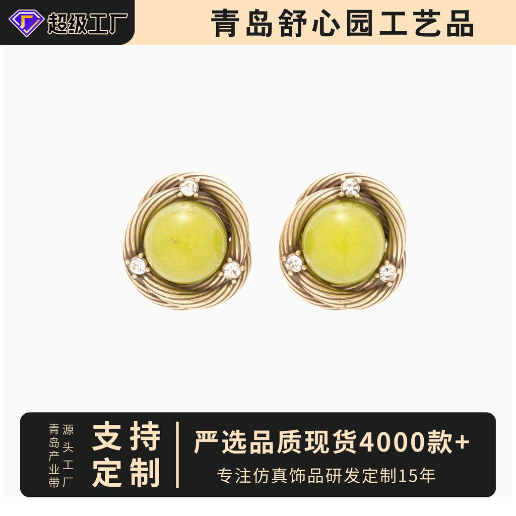 Medieval Vintage Vintage Texture Copper Alloy Greenstone Woven Button Earrings High-End Three-Dimensional Silver Needles, Earrings