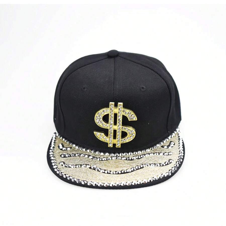 Zealous Sole Men's Grey Hip Hop Snapback Cap With Rhinestone Dollar Sign Embellisht Unisex Streetwear Hat Cm
