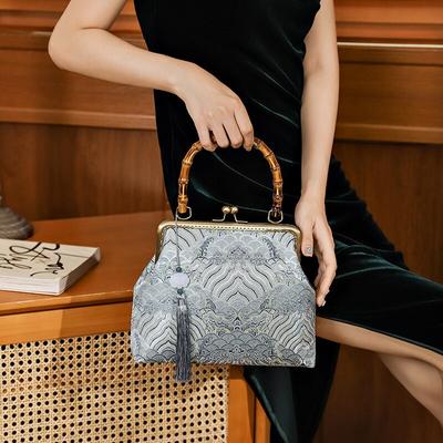 Elegante Frauen Cheongsam Bankett Tasche Brokat Bambus Griff Handtasche Vielseitige Quaste Dame Schulter Taschen