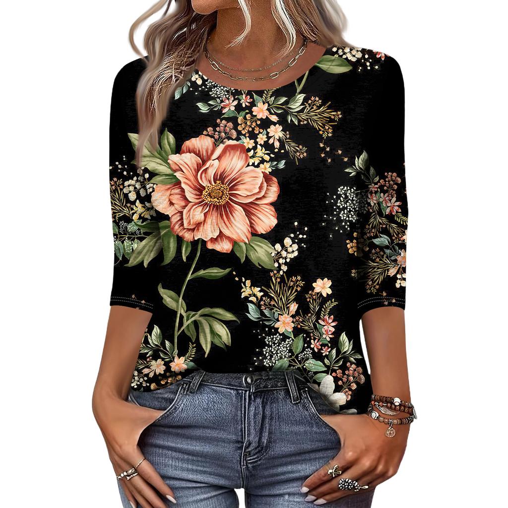 Mote Casual Rund Hals 3/4 Erme Løs Trykket T-skjorte Dame Topp