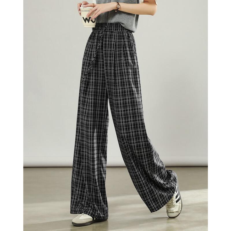 TERRE BLEUE Women's Plaid High-Waist Loose Straight-Leg Pants