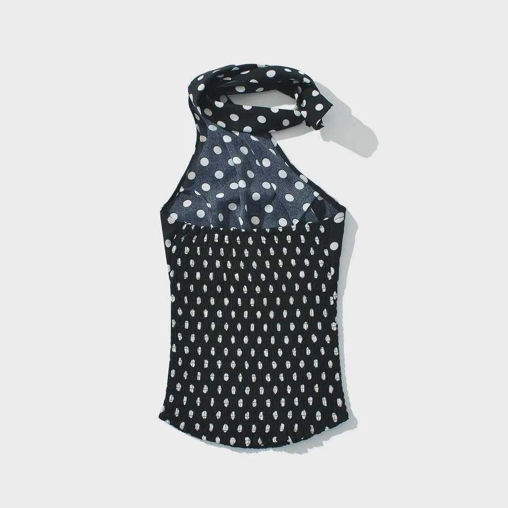 2025 Retro Polka Dot Neckholder-Top + A-Linien-Minirock mit Schnürung und niedriger Taille