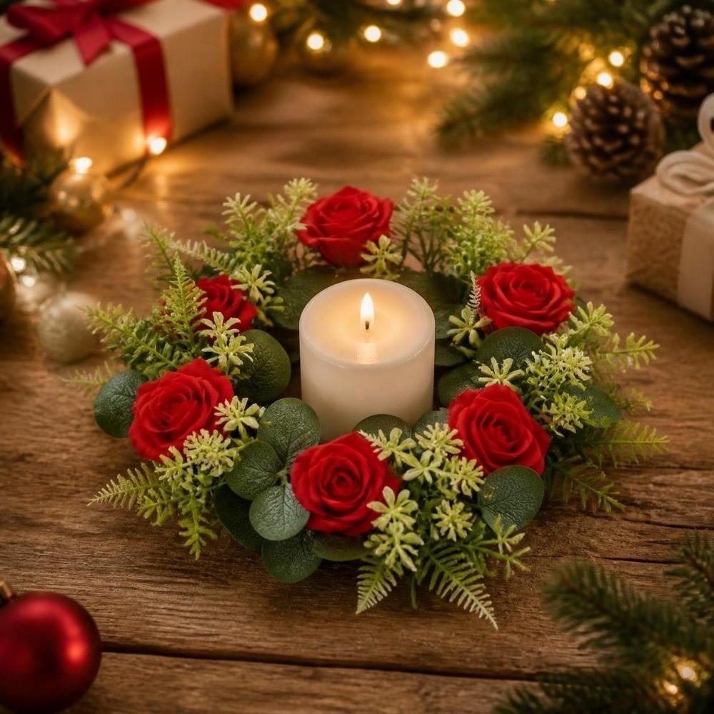 Portavelas de Pilar Rosa Hojas Verdes Artificiales Anillos de Velas Navideños Fiesta