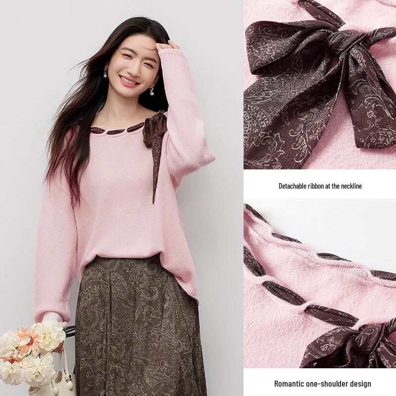 Women's Square Neck Long Sleeve Knit Sweater with Ribbons