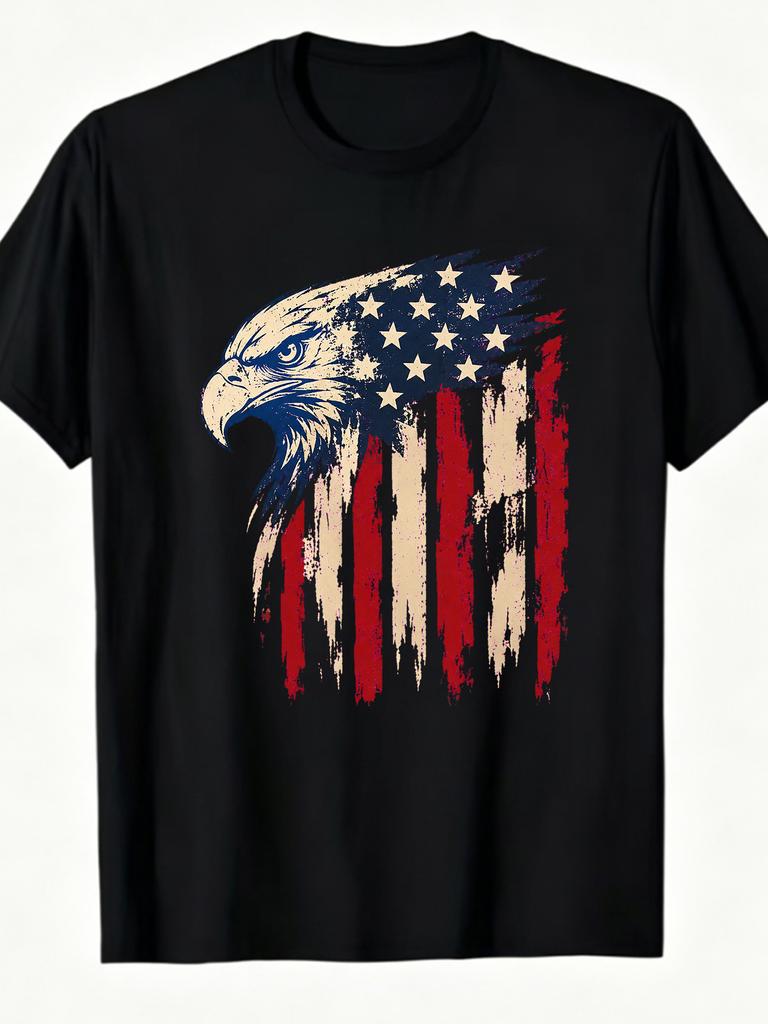 Men'S Vintage Eagle American Flag Graphic T-Shirt, Patriotic 4Th of July Round Neck Casual Streetwear, Plus Size