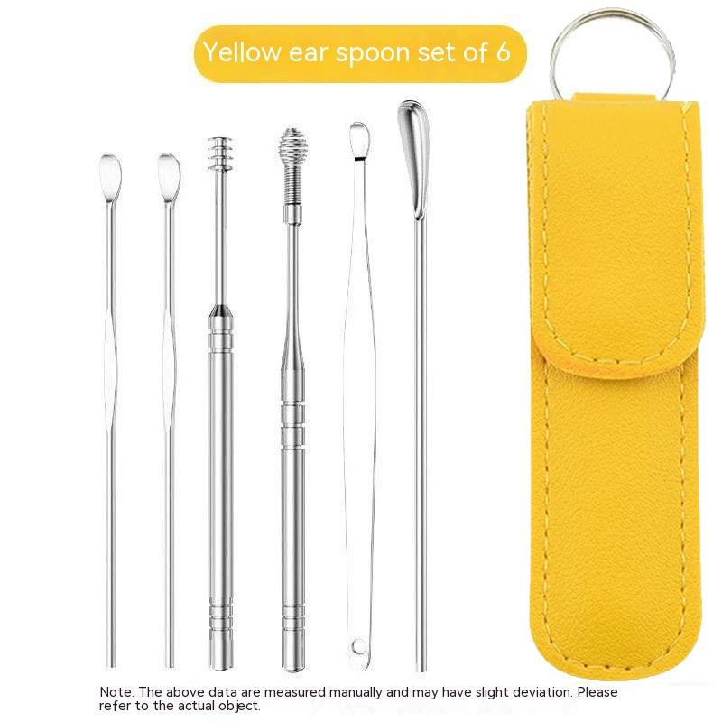 6Pcs Ear Digging Spoon Set Long Head Spiral Spring Ear Spoon Easy Clean Stainless Steel Portable Ear Care Cleaning Tools Set
