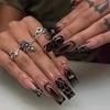 Hot-selling cross-border long water pipe press on nails, black smudge gradient with rhinestones. 24pcs fake nails for overseas wholesale.