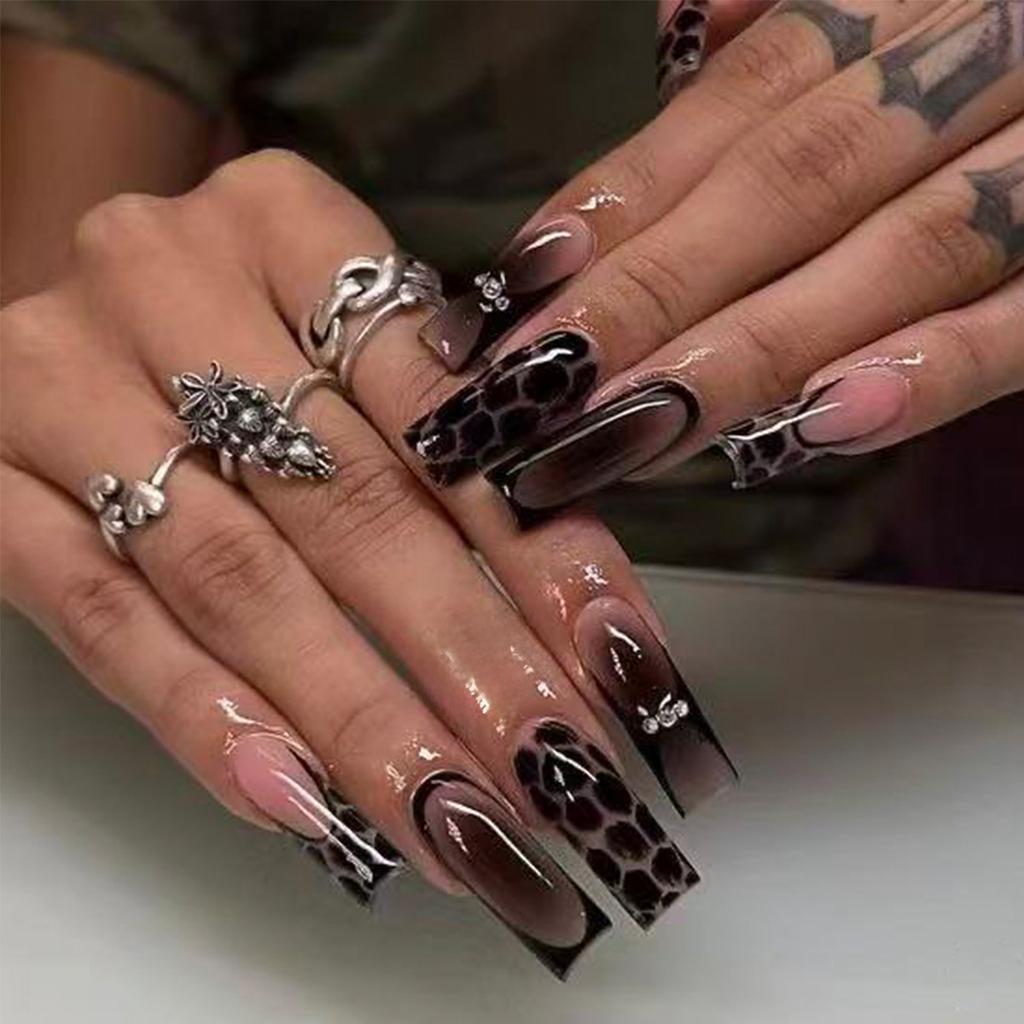 Hot-selling cross-border long water pipe press on nails, black smudge gradient with rhinestones. 24pcs fake nails for overseas wholesale.