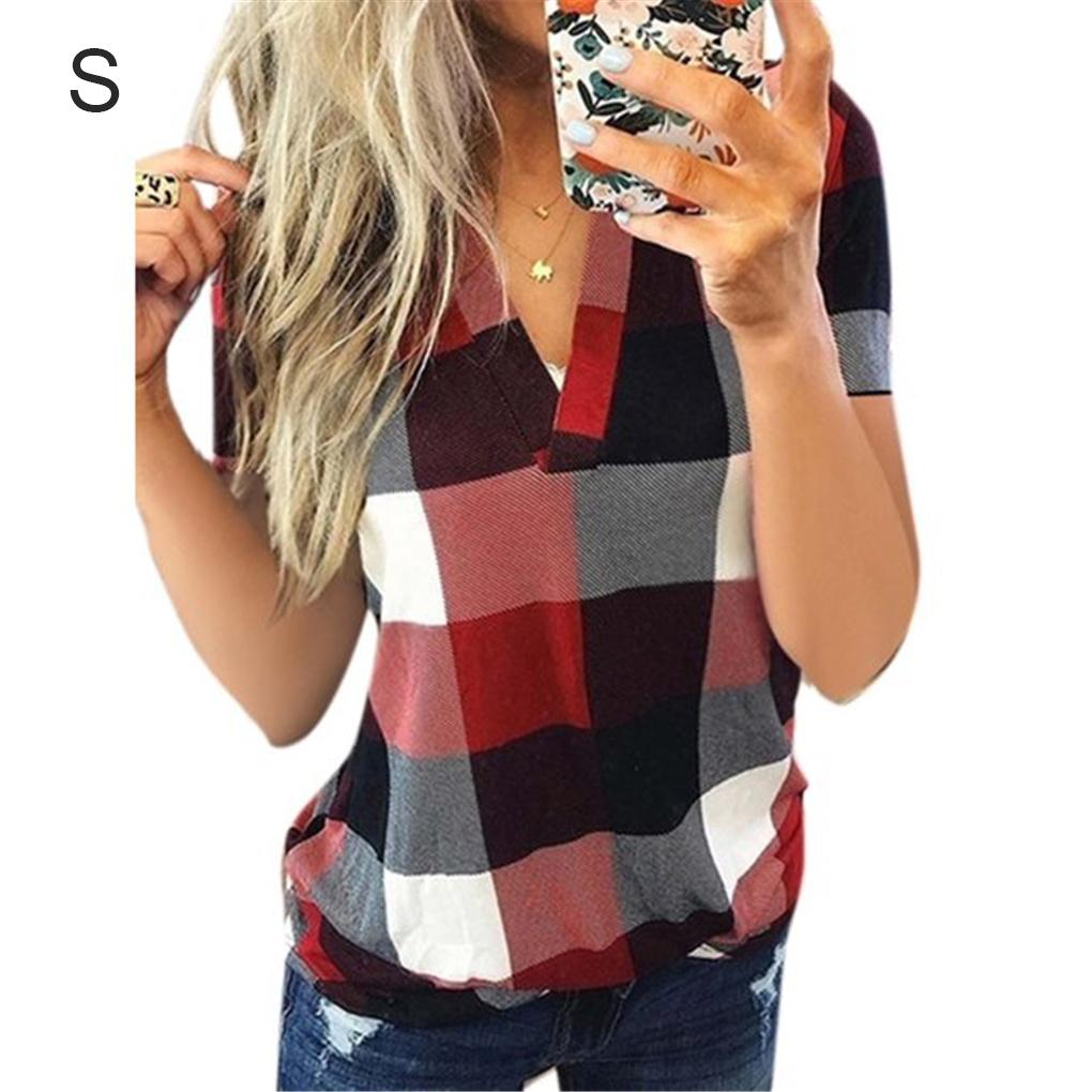 Women T Shirt V Neck Short Sleeve Top Plaid Print Casual Blouse