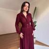 European Elegant Long-Sleeve Polo Collar Pleated Dress - Solid Color, New Style Fashion