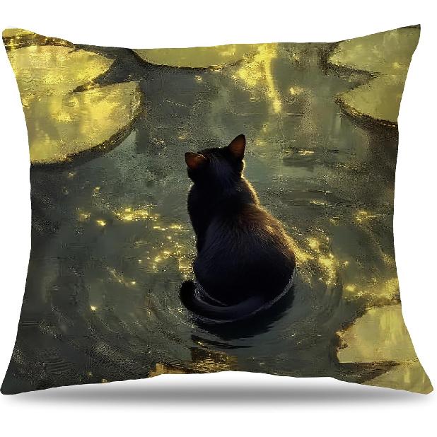 Floral Black Cat Pillow Cover 18x18, Cat Lovers Gifts for Women, Garden Cats Decorative Pillowcase for Home Bedroom Living Room