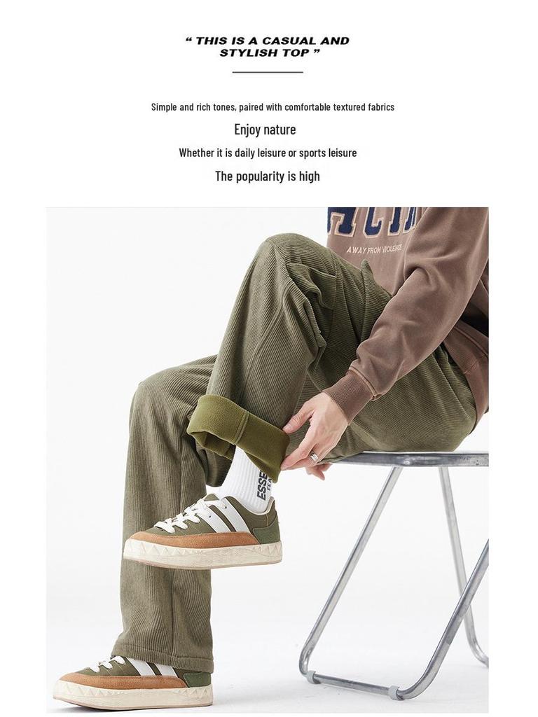 Men's Winter Corduroy Work Pants: Fleece-Lined, Thick, Loose, Wide-Leg, Straight Casual.